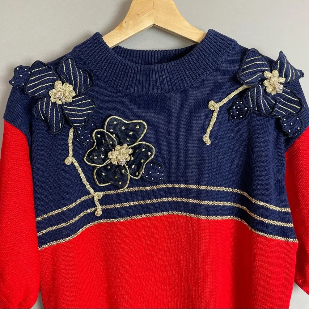 Vintage Sweater‎ Short Sleeves 4th of July America Embellished Flowers Red Blue
